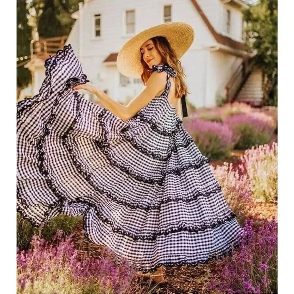Innika Choo Black and White Check Cotton Scallop Frill Gingham Maxi Dress